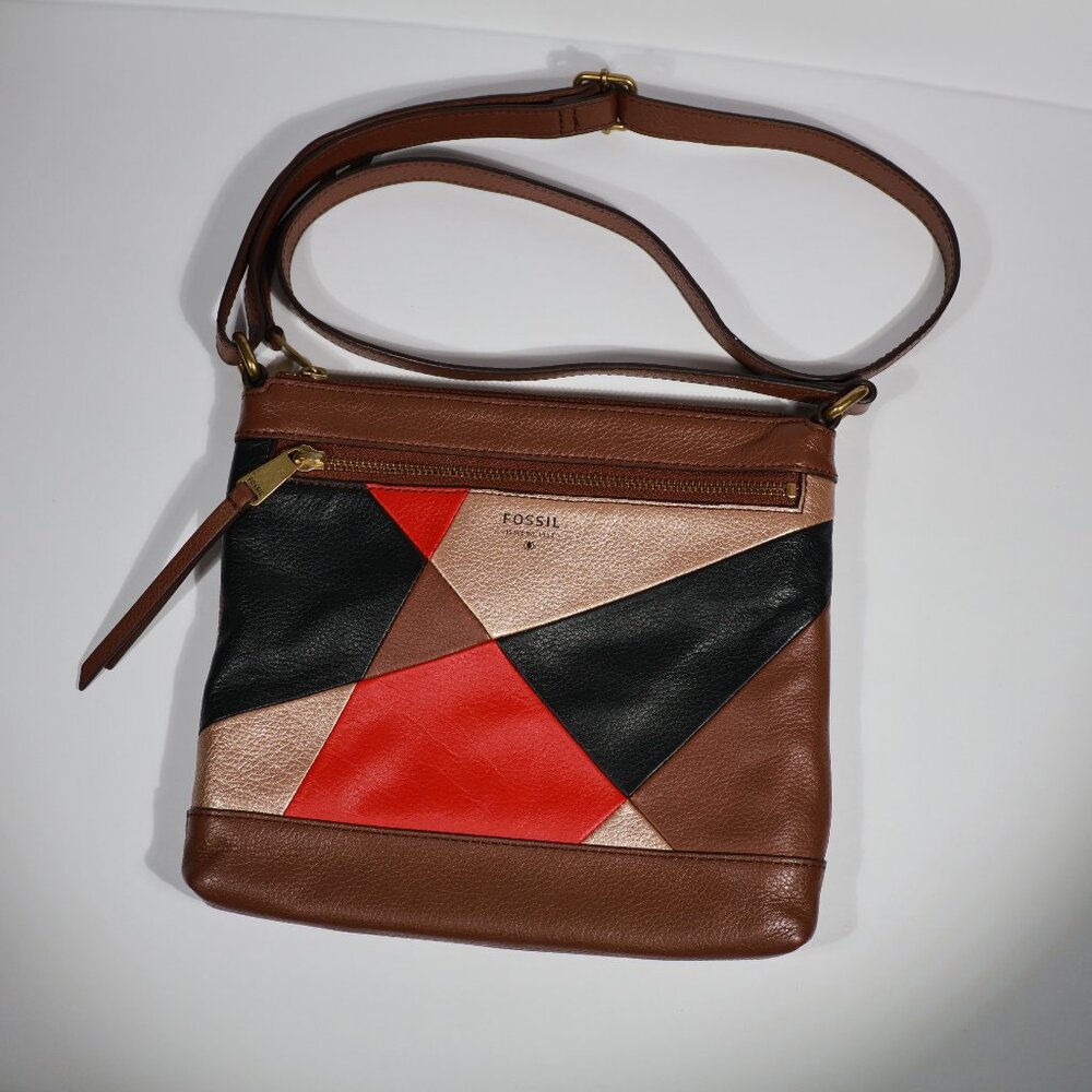 Fossil Fiona Leather Patchwork Colorblock Crossbody Bag Red Gold Brown Pre-Owned
